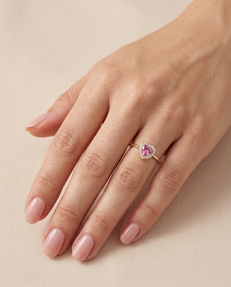 14KT Yellow Gold Heart Shape Pink Sapphire and Diamonds Ring on model