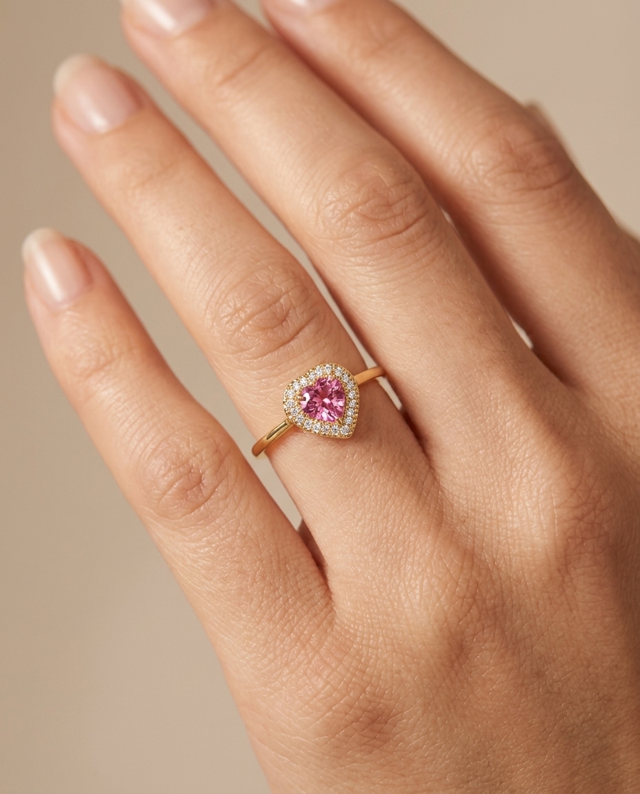 14KT Yellow Gold Heart Shape Pink Tourmaline and Diamonds Ring on model