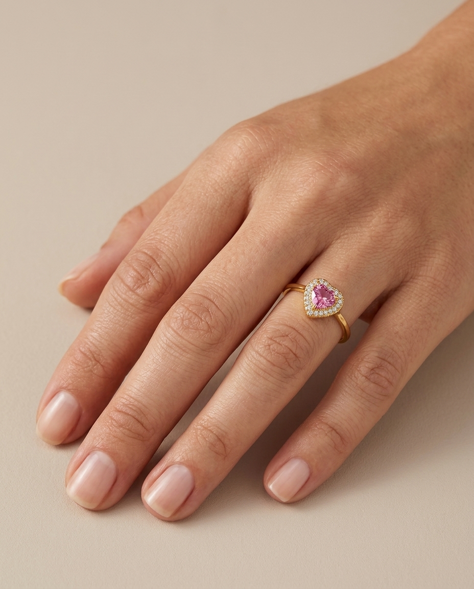 14KT Yellow Gold Heart Shape Pink Tourmaline and Diamonds Ring on model