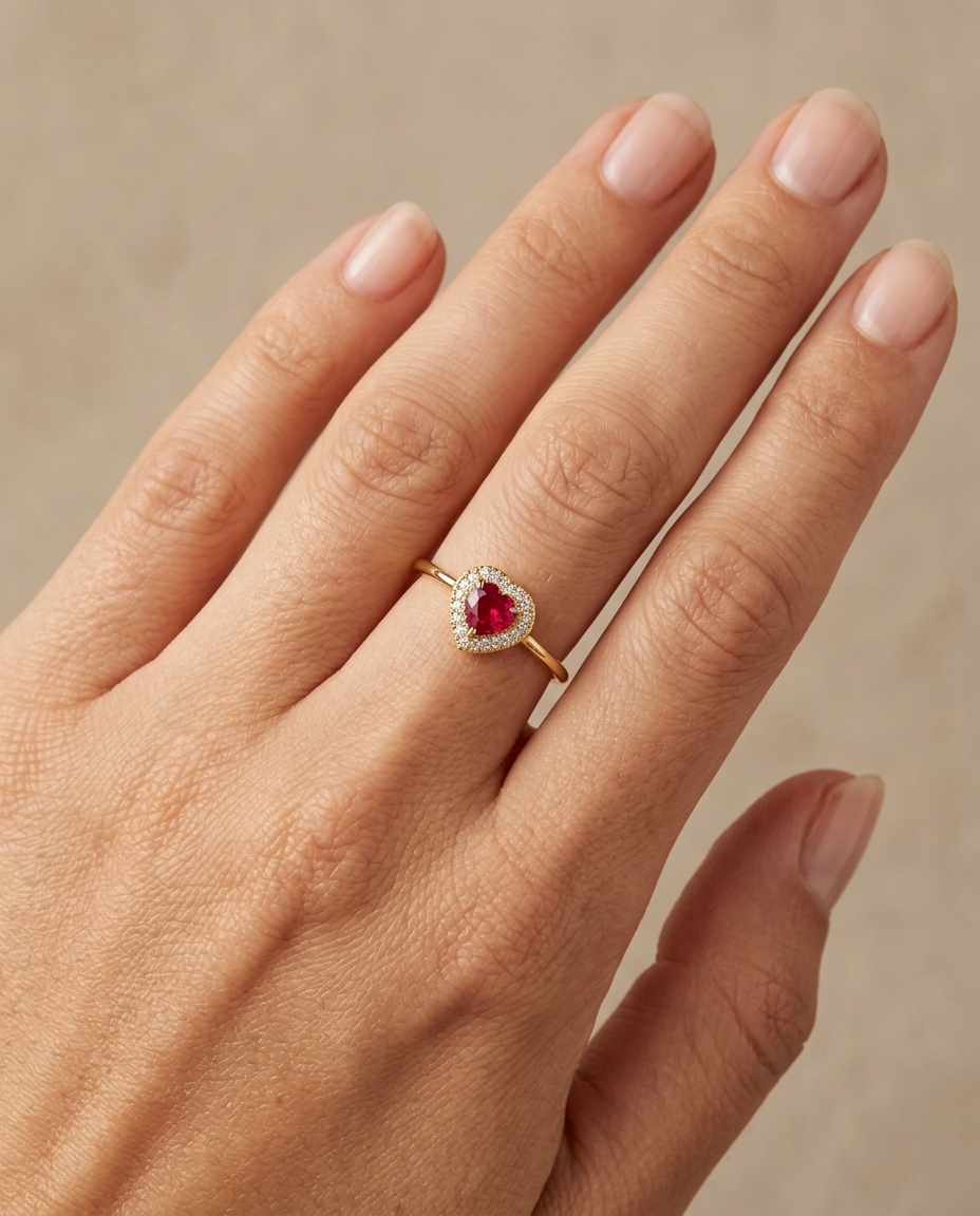 14KT Yellow Gold Heart Shape Ruby and Diamonds Ring on model