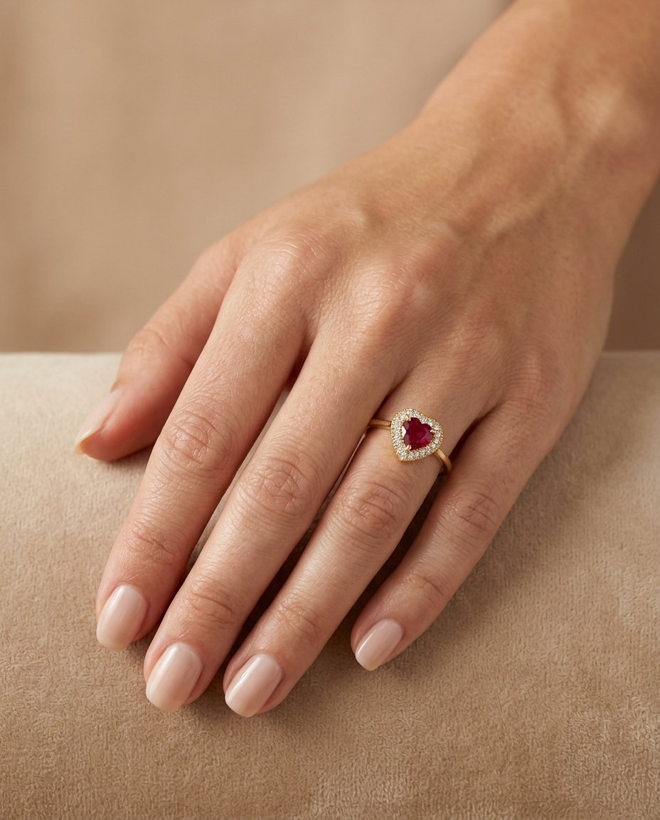 14KT Yellow Gold Heart Shape Ruby and Diamonds Ring on model