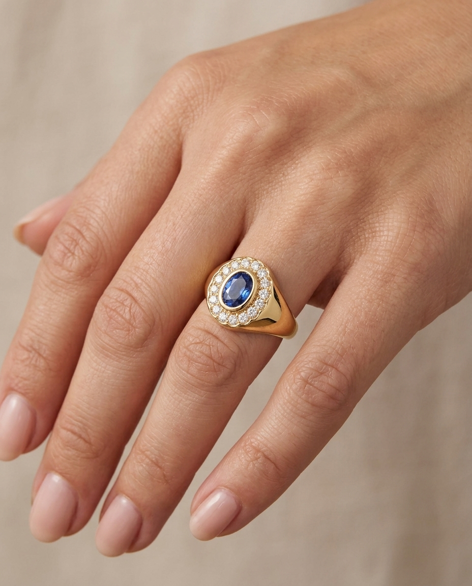 14KT Yellow Gold Blue Sapphire and Diamonds Ring on model