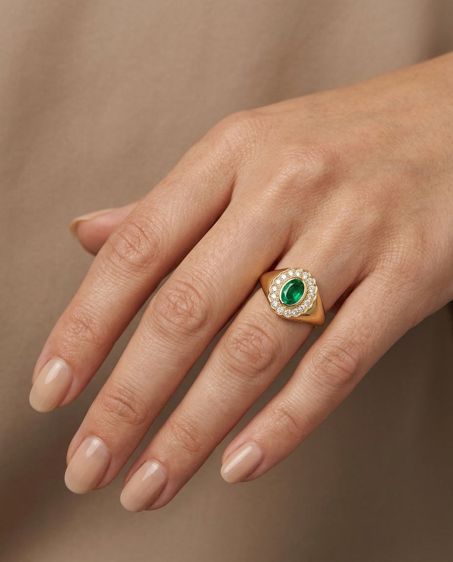 14KT Yellow Gold Diamond and Emerald Ring on model