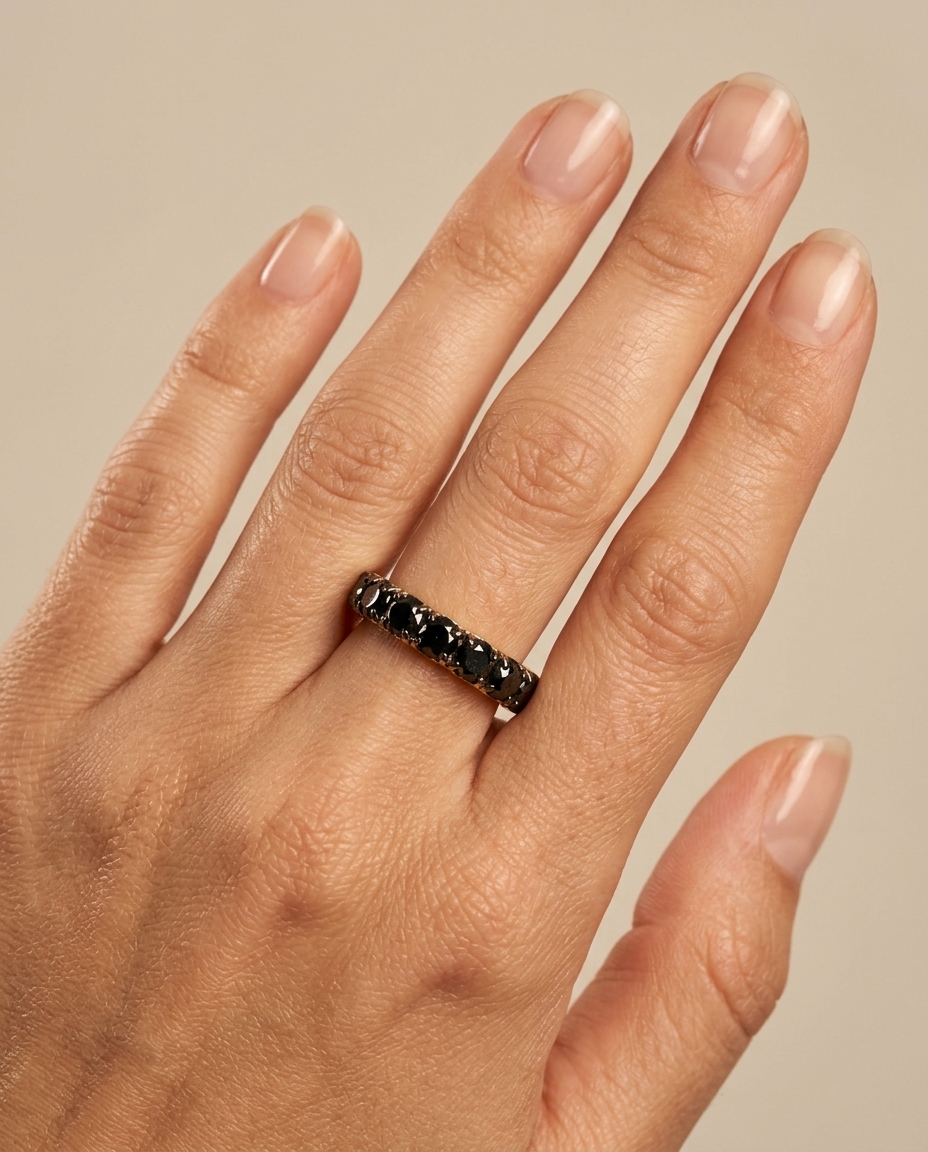 14KT Yellow Gold Black Diamond Ring on model