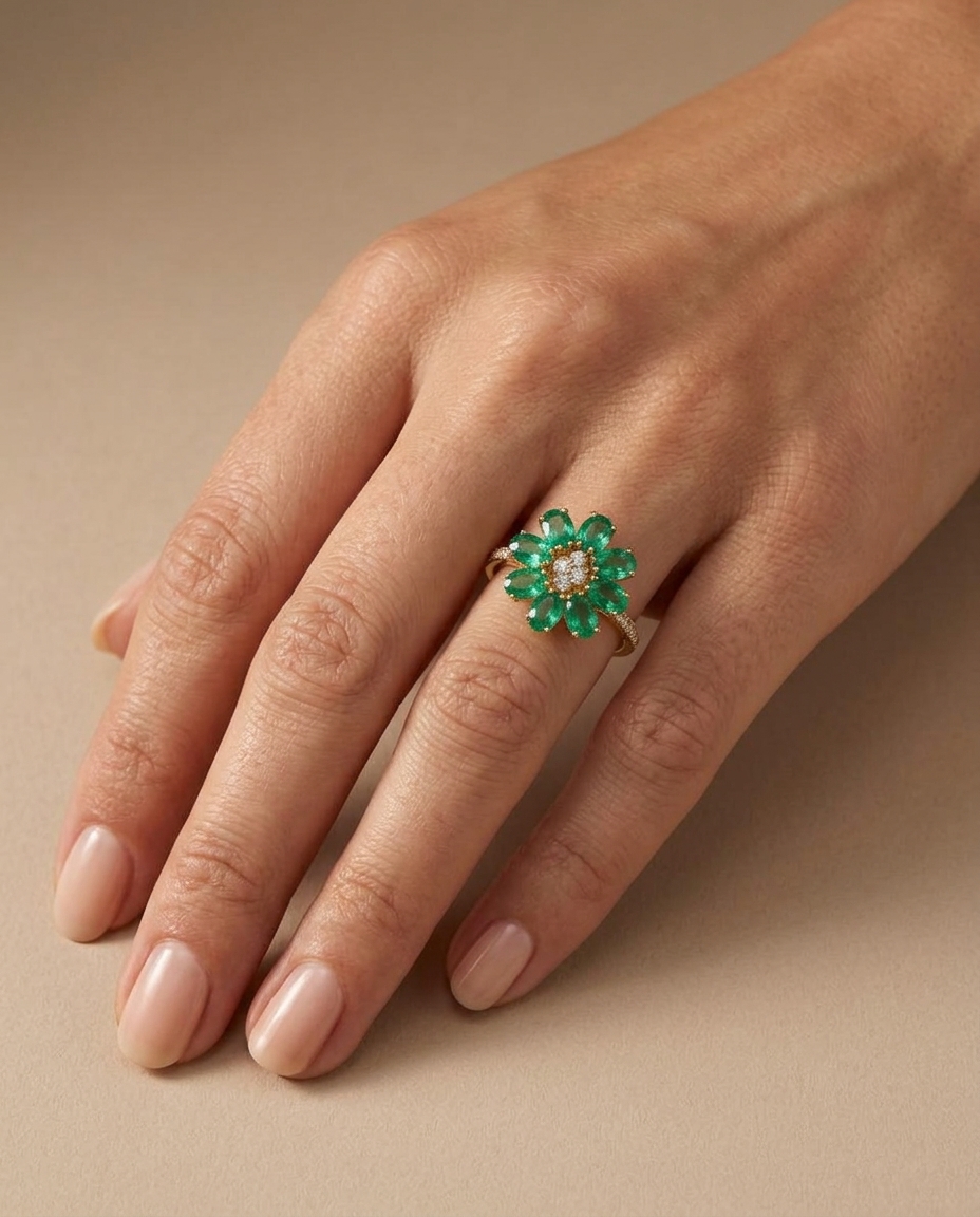 14KT Gold Emerald Diamond Ring on model