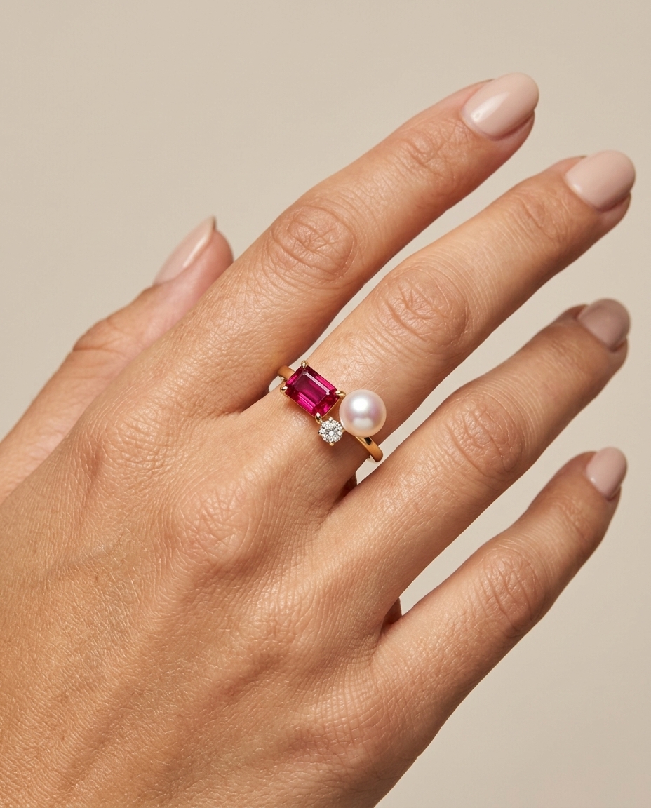 14KT Yellow Gold DIAMOND, Ruby and Pearl Ring on model