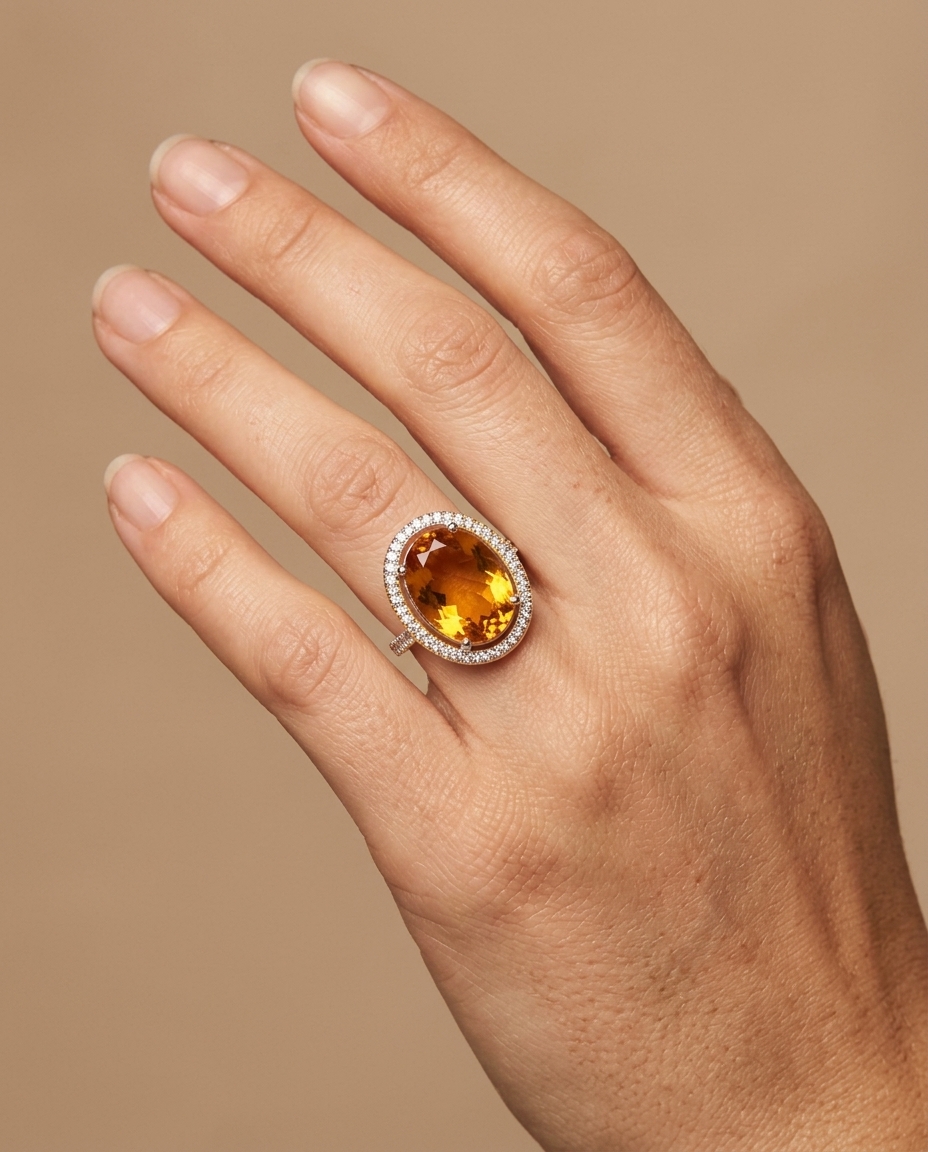 14KT Yellow Gold Citrine and Diamonds Ring on model