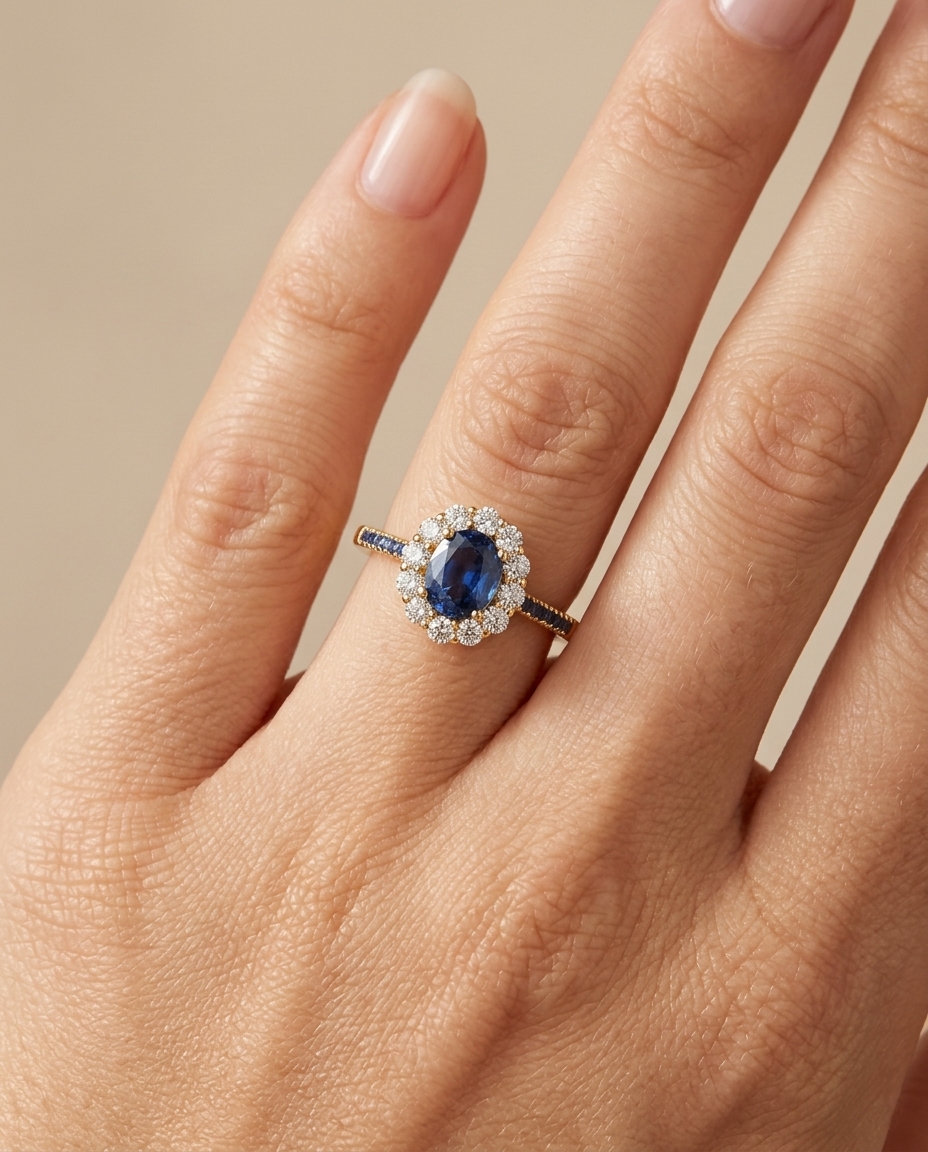 14KT Yellow Gold Diamonds with Blue Sapphire Ring on model