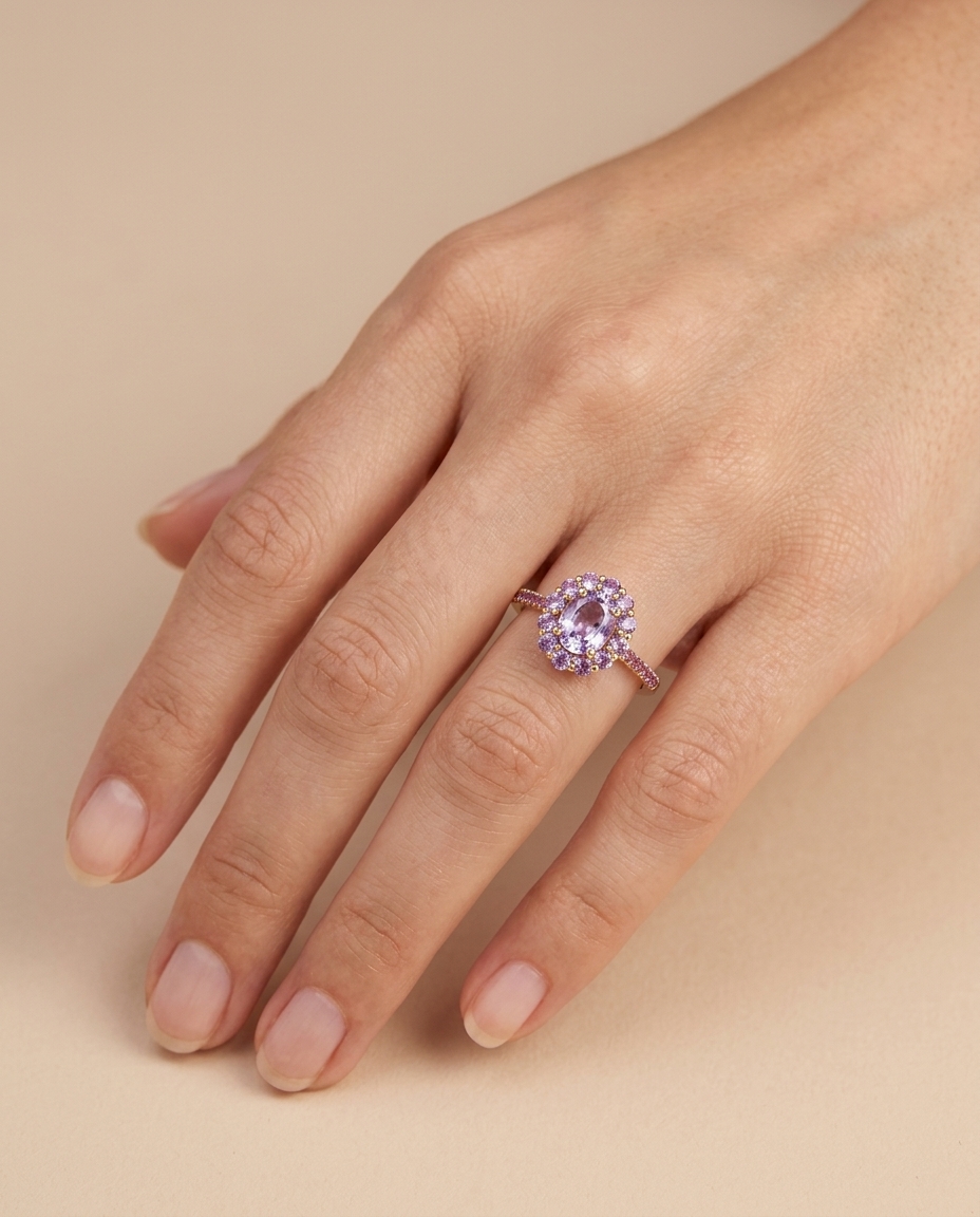 14KT Yellow Gold Ring with Pink Sapphire on model
