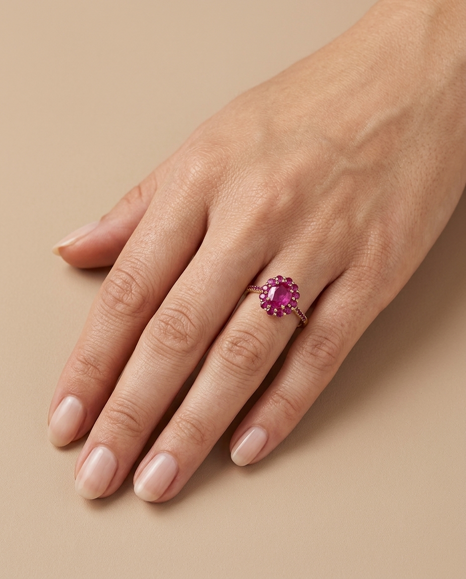 14KT Yellow Gold Ring with Ruby on model