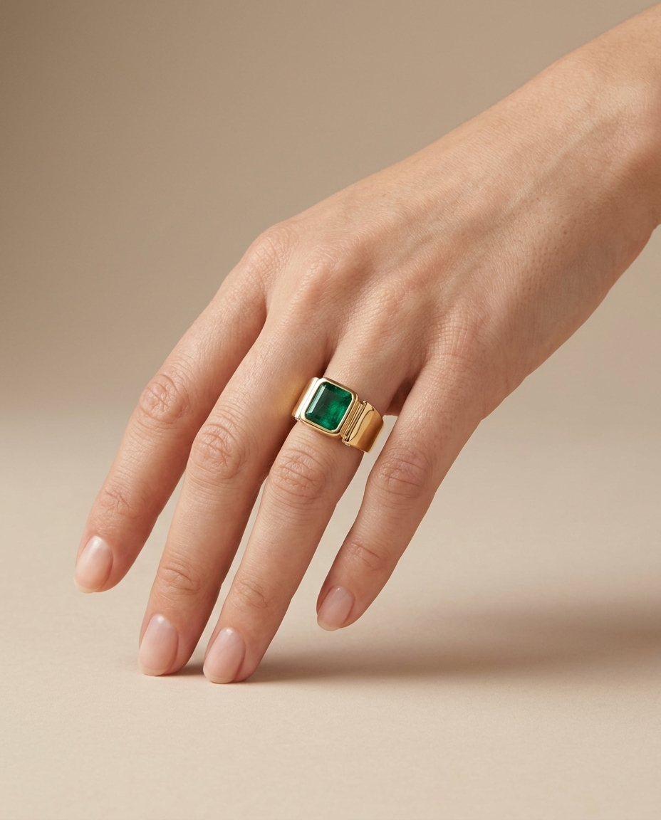 14KT Yellow Gold Emerald and Diamond Ring on model