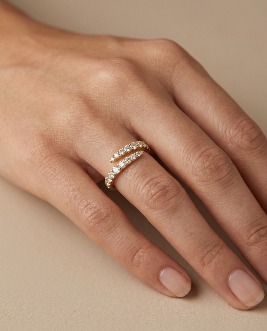 14KT Yellow Gold Diamond Open Bypass Ring on model