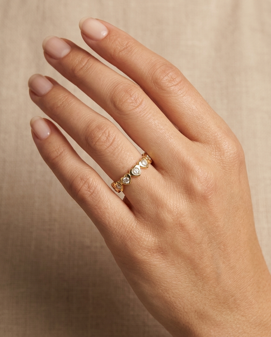 14KT Yellow Gold Diamond Heart Shape Eternity Ring on model
