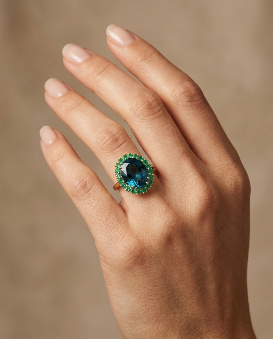 14KT Yellow Gold Topaz and Emerald Ring on model