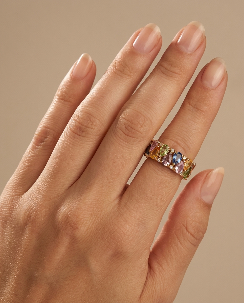 14KT Gold Multi Sapphire Diamond Ring on model