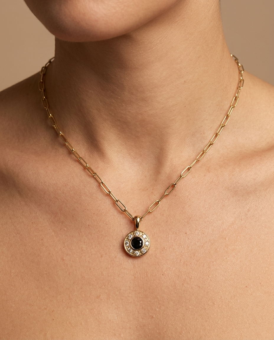 14KT Yellow Gold Black Diamond Necklace on model