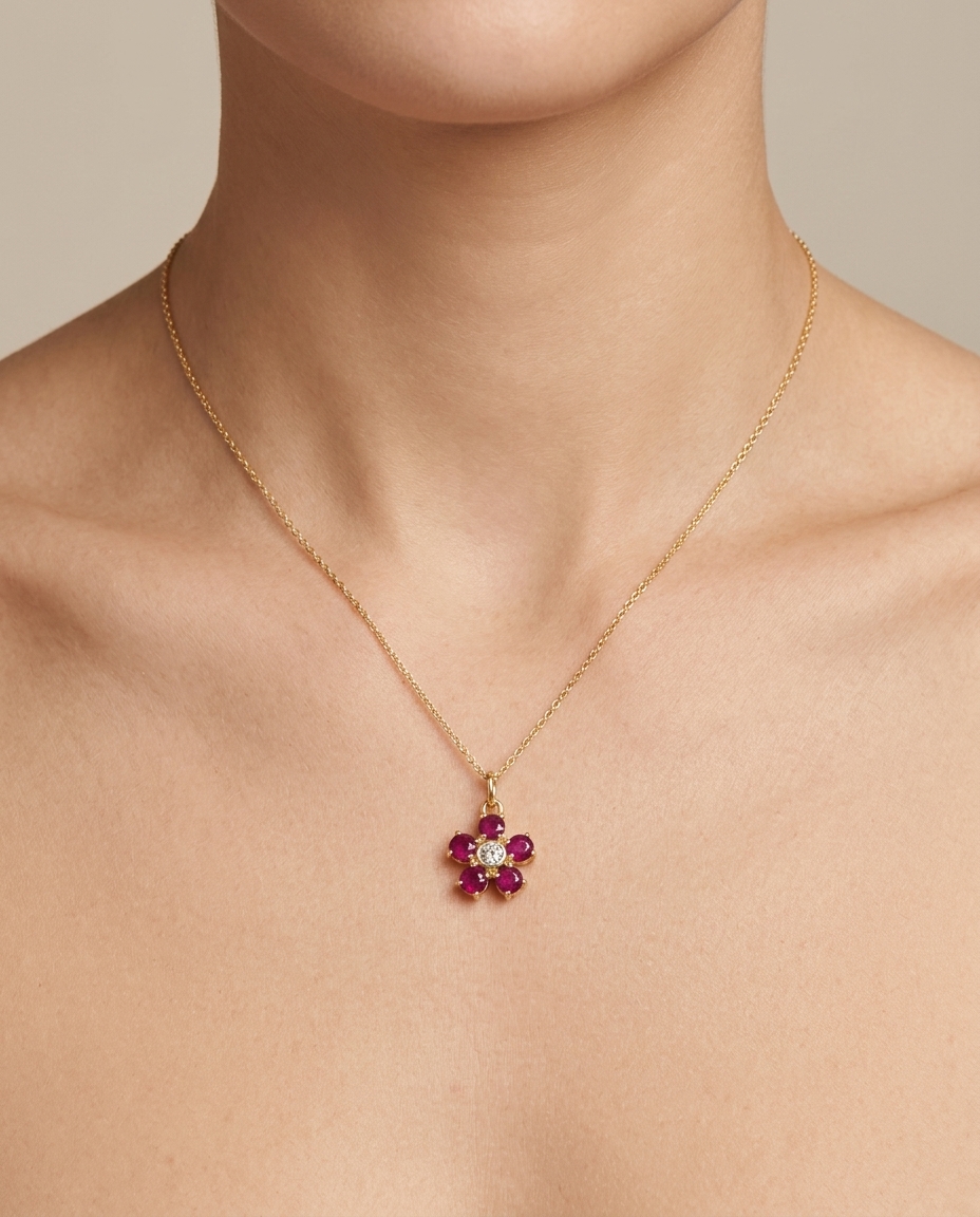 14KT Yellow Gold Flower Pendant with Diamonds and Ruby on model