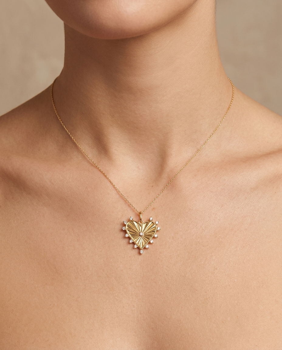 14KT Yellow Gold Diamond Heart Pendant on model