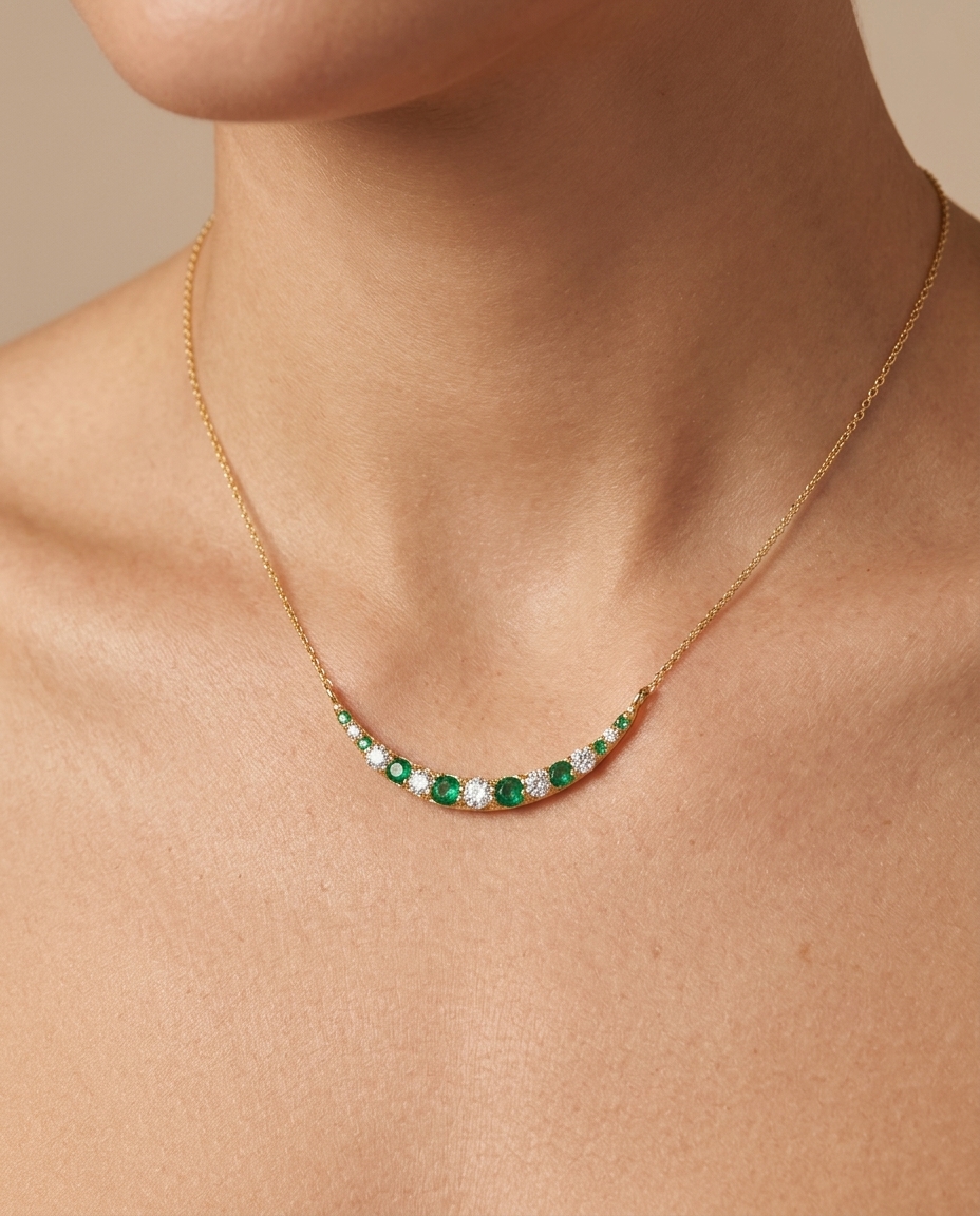 14KT Yellow Gold Pendant with Diamonds and Emerald on model