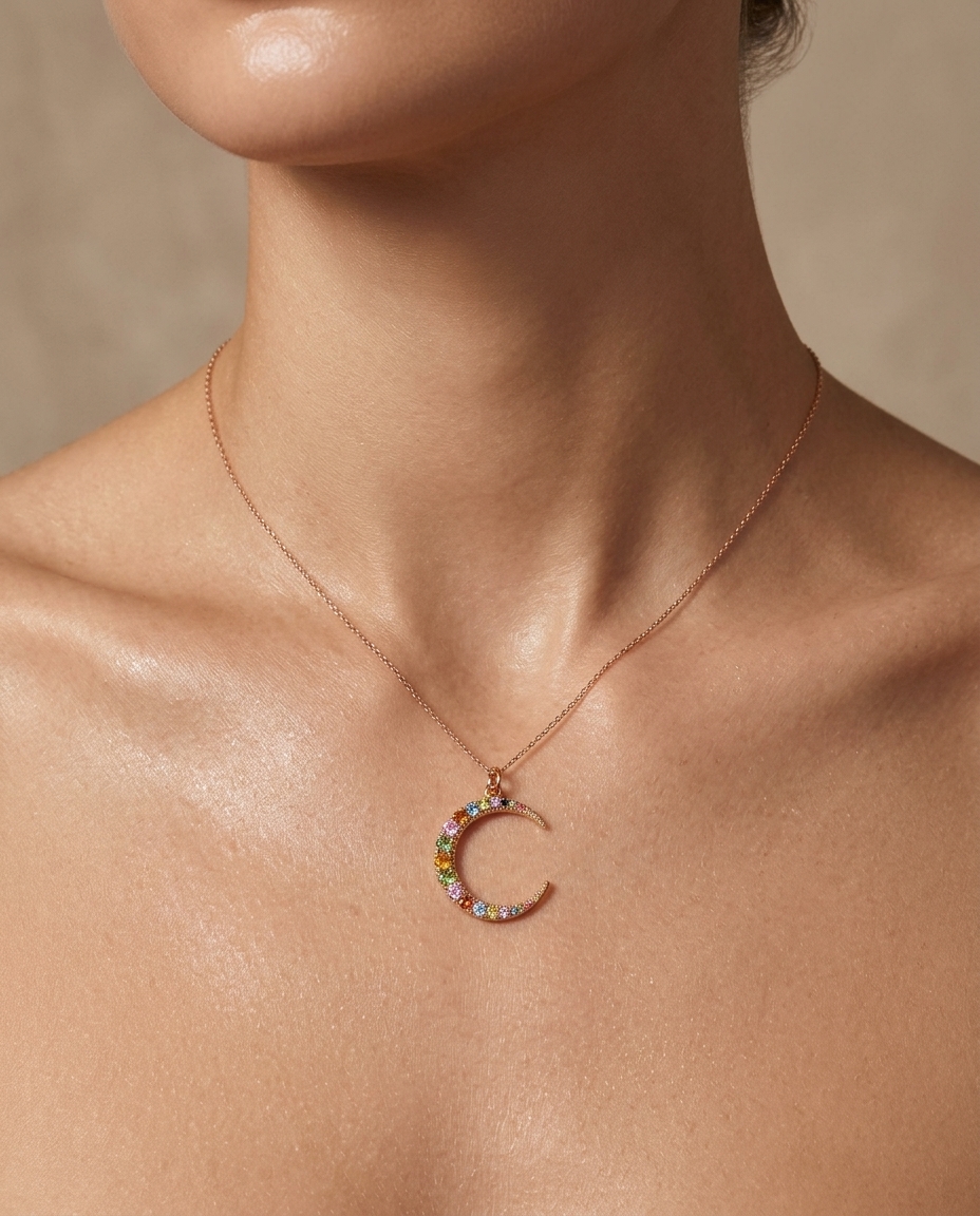 14KT Gold Half Moon Multi Sapphire Pendant on model