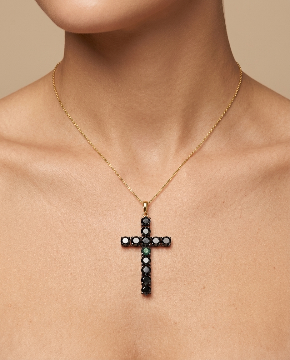 14KT Gold Black Diamond Cross Pendant on model