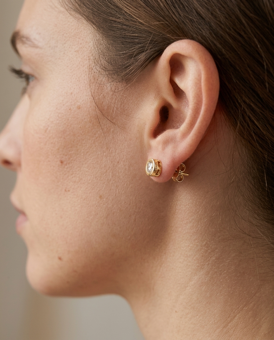 14KT Yellow Gold Bezel Set Diamond Stud Earring on model