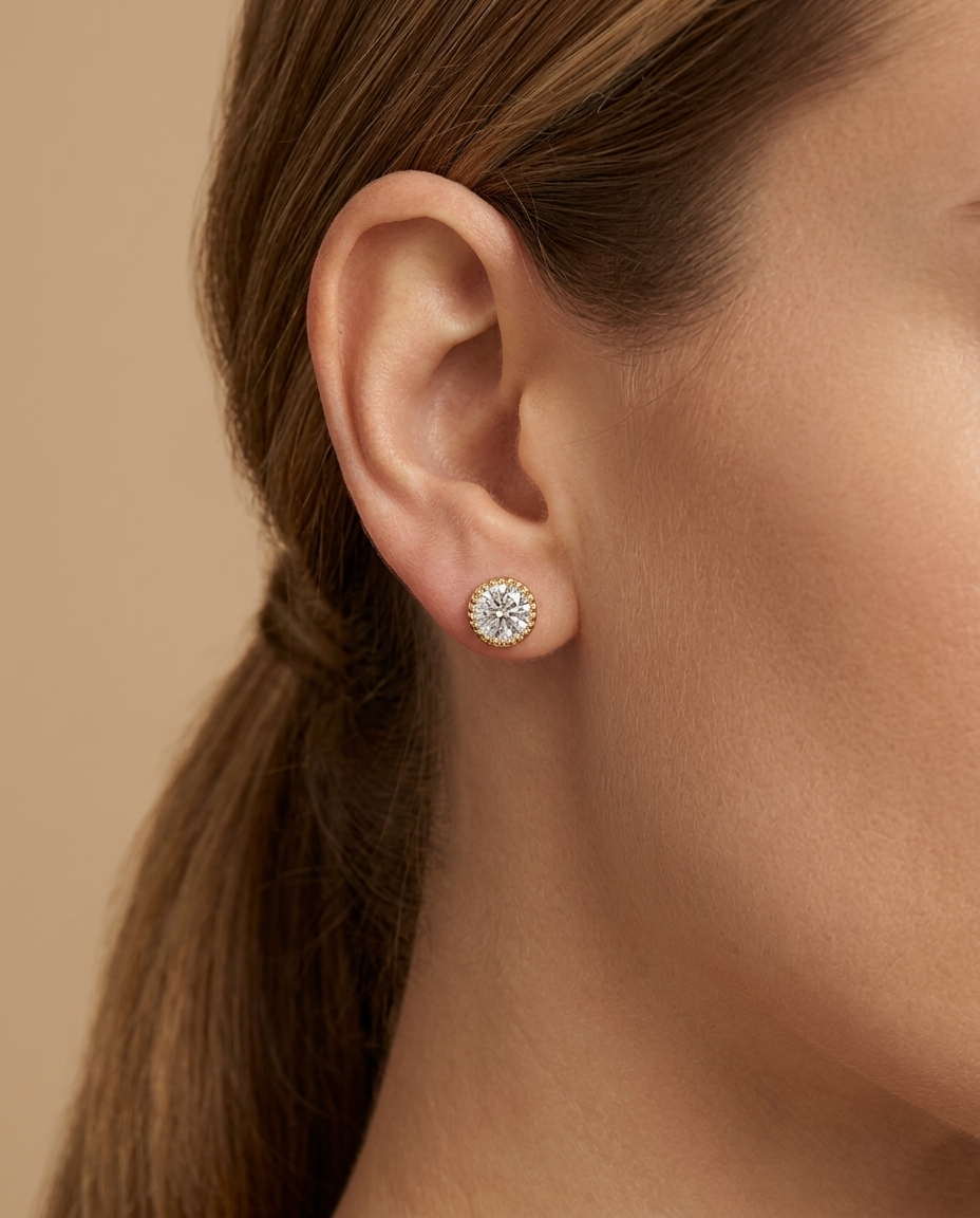 14KT Yellow Gold Diamond Earring Studs on model