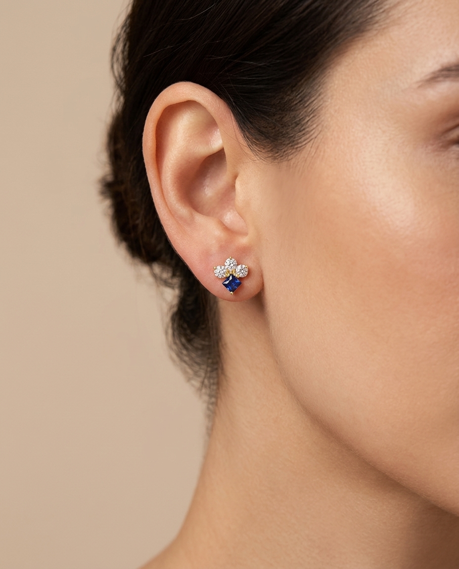 14KT Yellow Gold Blue Sapphire and Diamonds Earring on model
