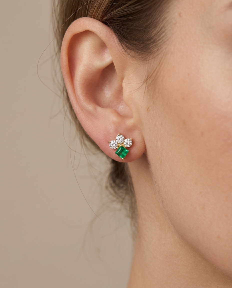 14KT Yellow Gold Emerald and Diamonds Earring on model