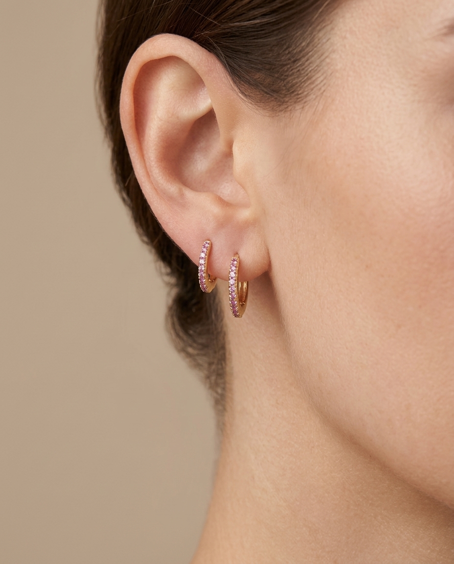 14KT Yellow Gold Pink Sapphire Huggies Earring on model