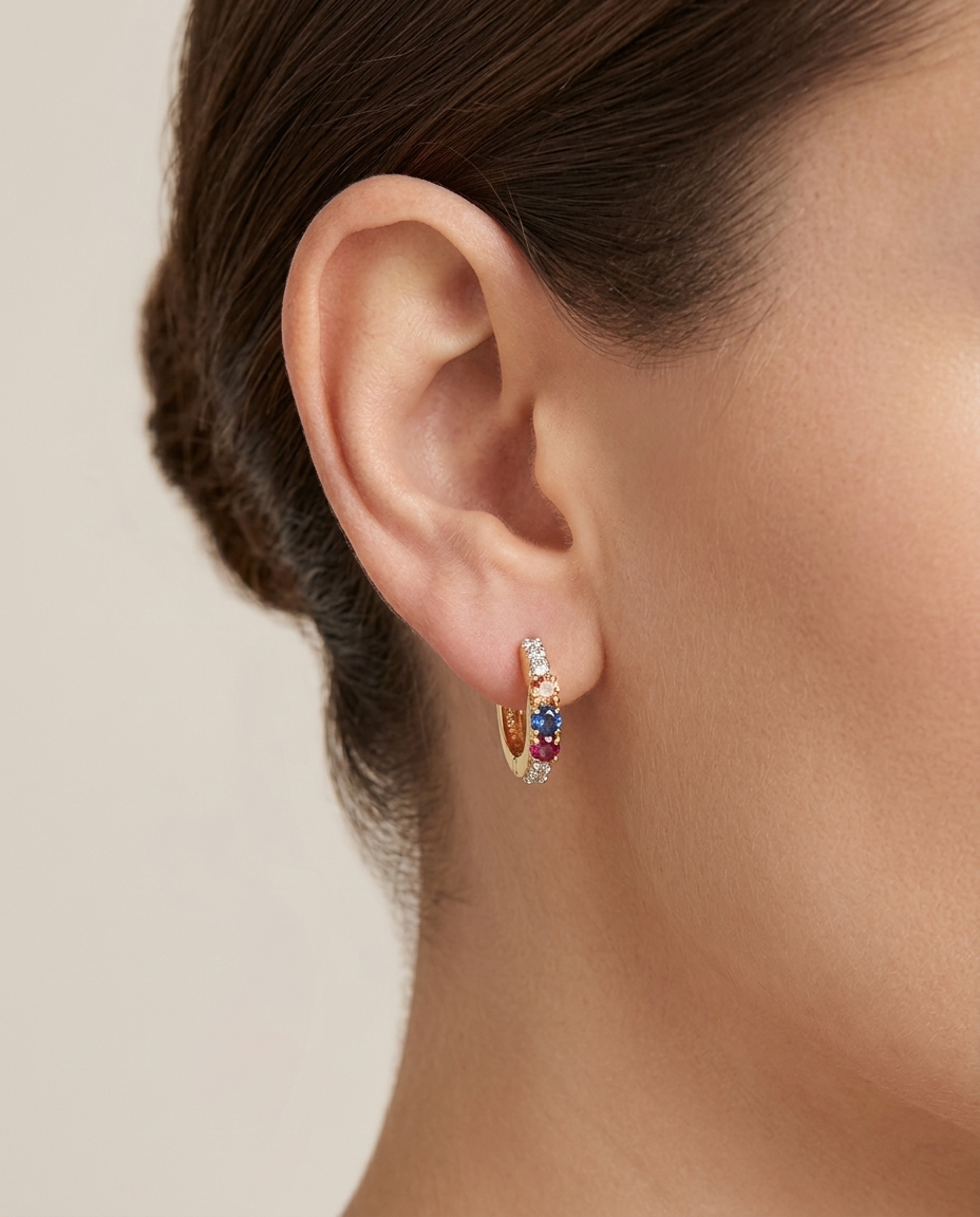 14KT Yellow Gold Diamond and Multi Sapphire Huggies Earring on model