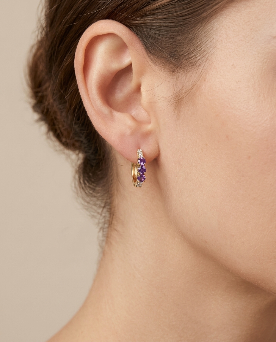 14KT Yellow Gold Pink Sapphire and Diamond Huggies Earring on model