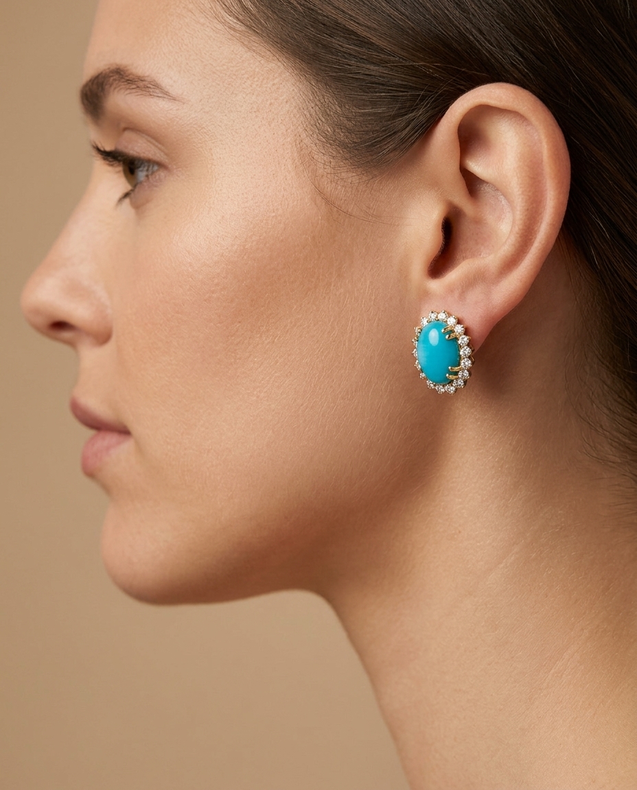 14KT Yellow Gold Turquoise and Diamonds Earring on model