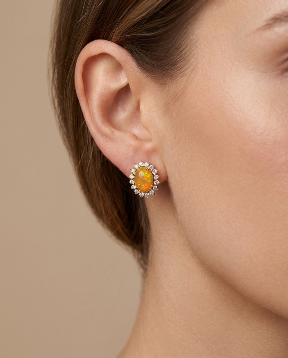 14KT Gold Opal and Diamonds Earring on model