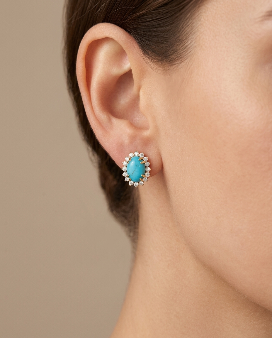 14KT Gold Turquoise and Diamonds Earring on model