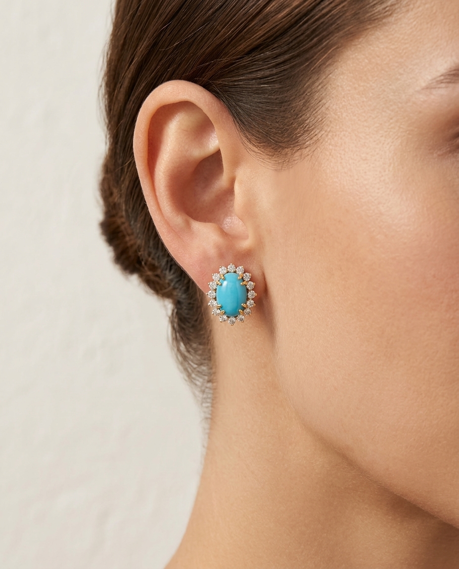 14KT Gold Turquoise and Diamonds Earring on model