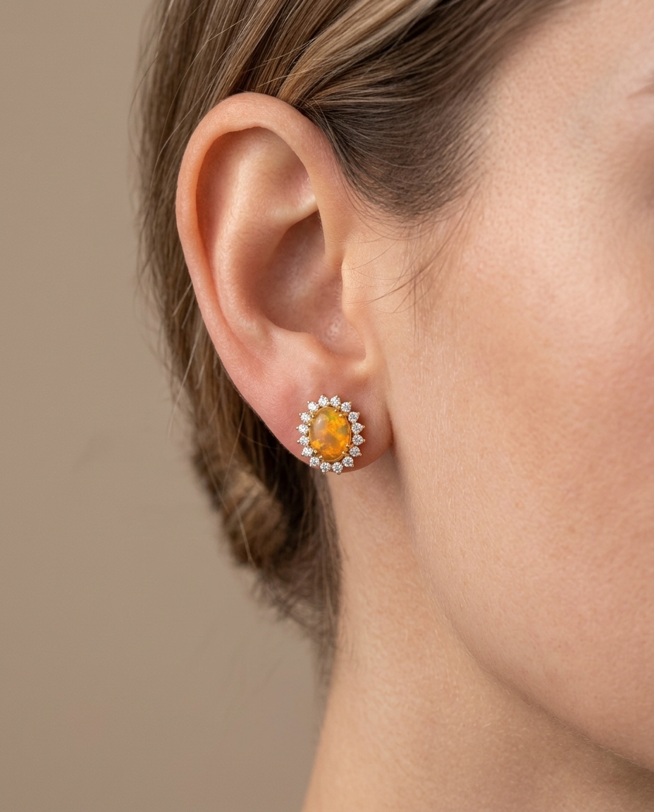 14KT Gold Opal and Diamonds Earring on model