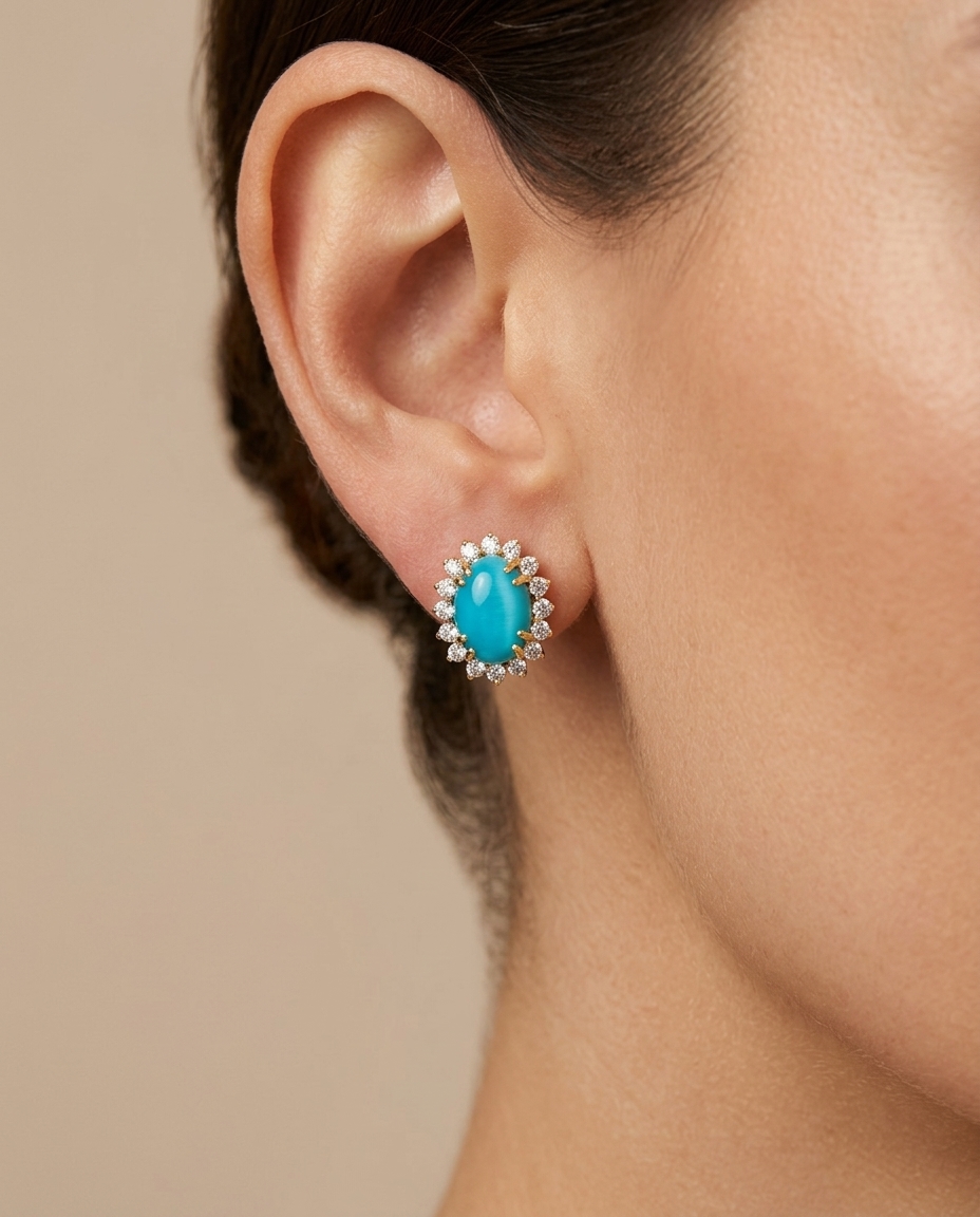 14KT Gold Turquoise and Diamonds Earring on model