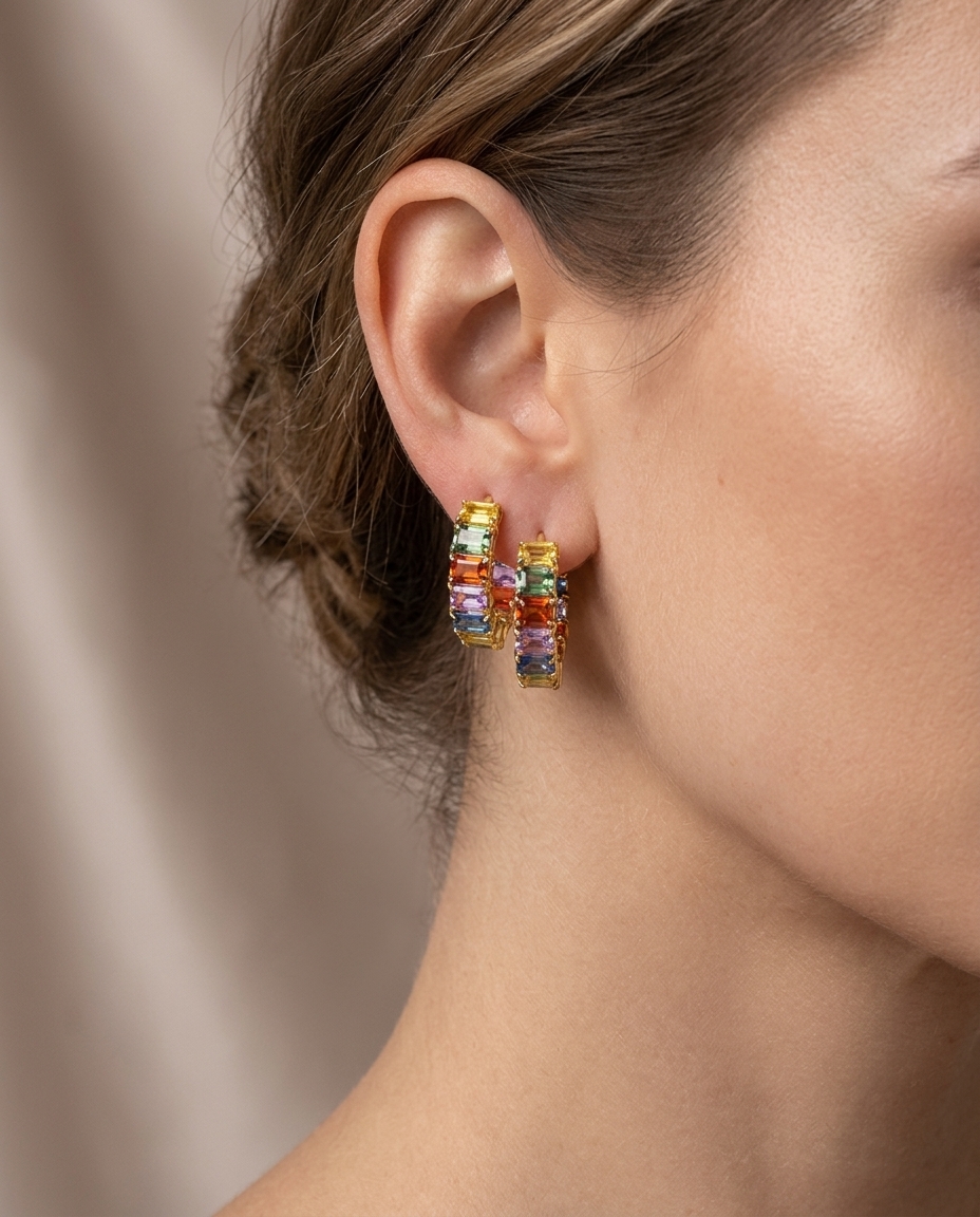14KT Yellow Gold Multi Sapphire Hoop Earring on model