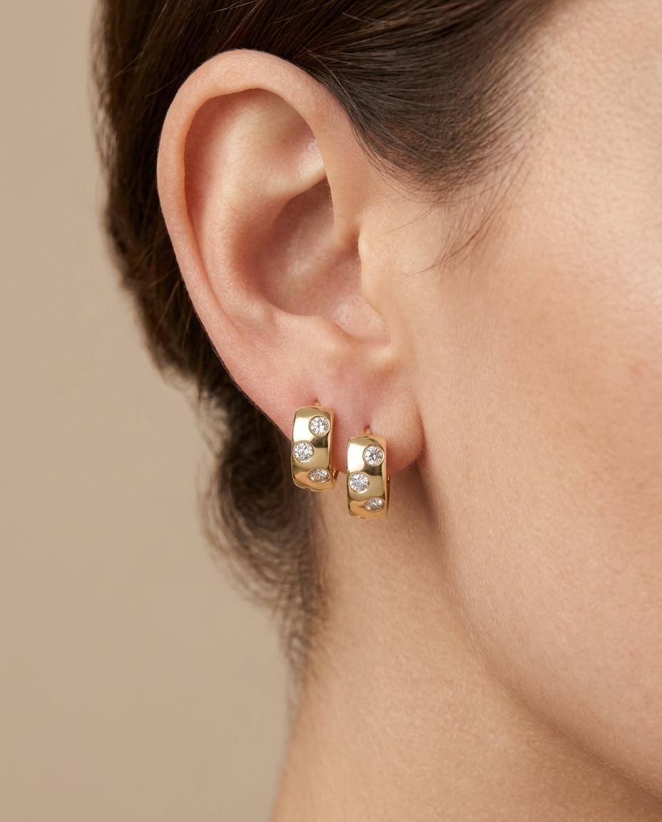 14KT Yellow Gold Diamond Huggies Earrings on model