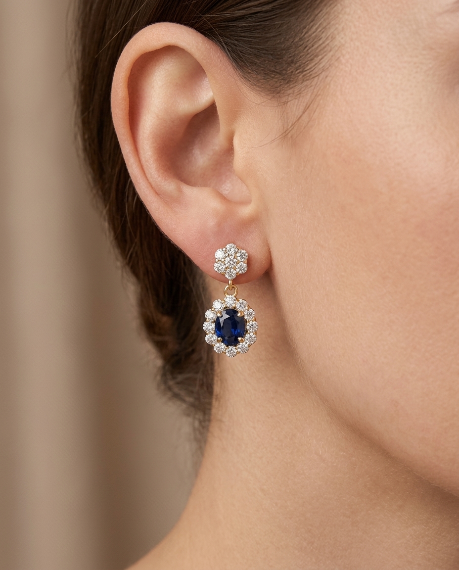 14KT Yellow Gold Diamond and Blue Sapphire Dangling Earrings on model