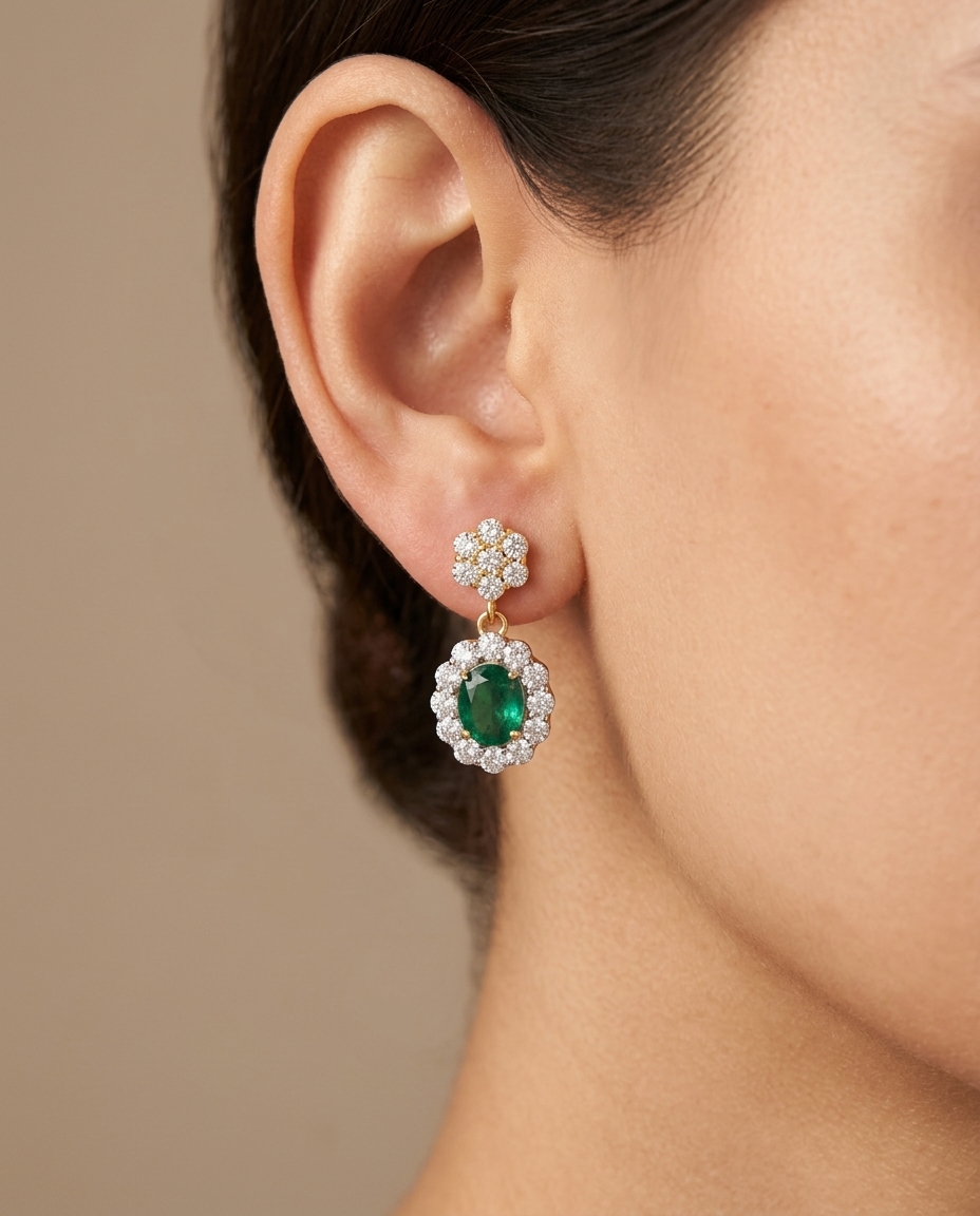 14KT Yellow Gold Diamond and Emerald Dangling Earrings on model