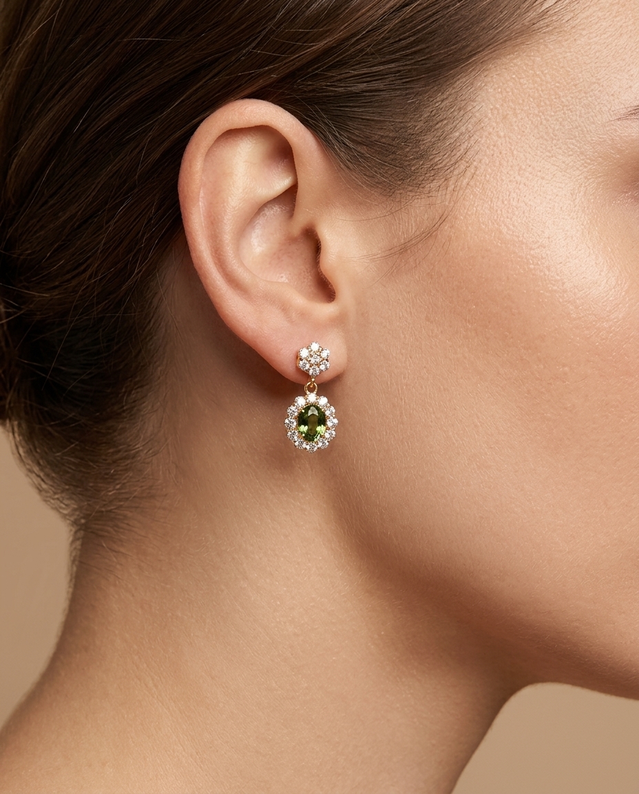 14KT Yellow Gold Diamond and Green Sapphire Dangling Earrings on model