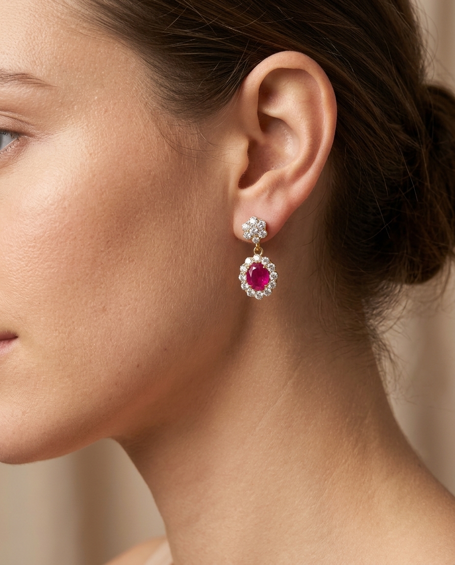 14KT Yellow Gold Diamond and Ruby Dangling Earrings on model
