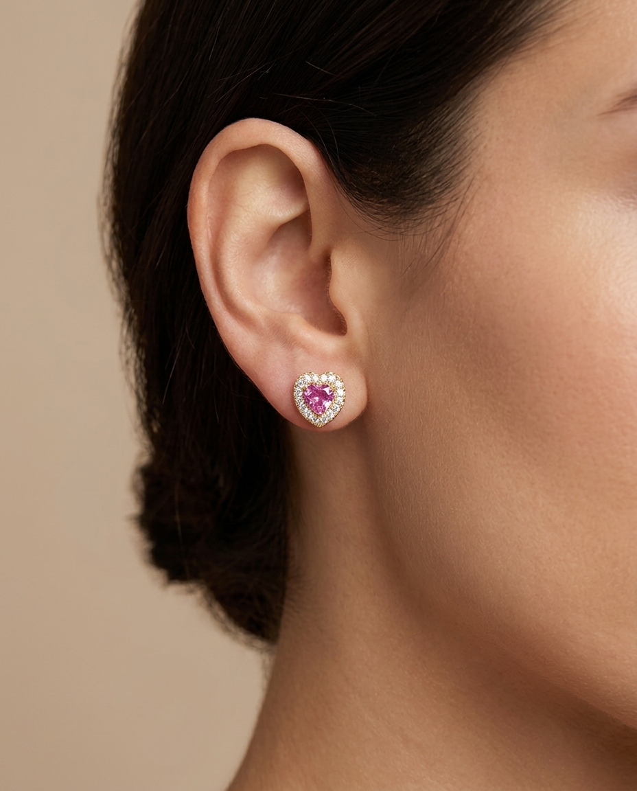 14KT Yellow Gold Pink Sapphire and Diamonds Heart Shape Earring on model