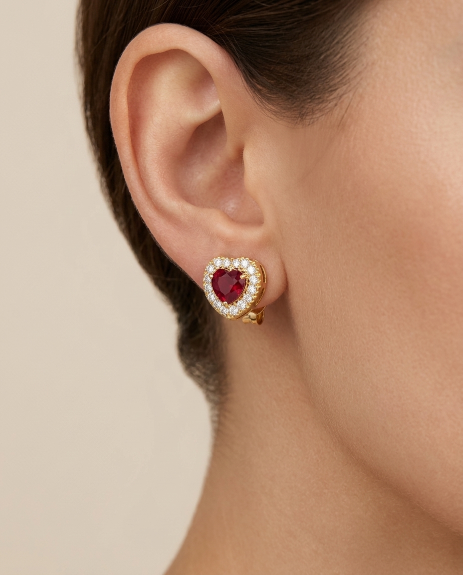 14KT Yellow Gold Ruby and Diamond Heart Shape Earring on model