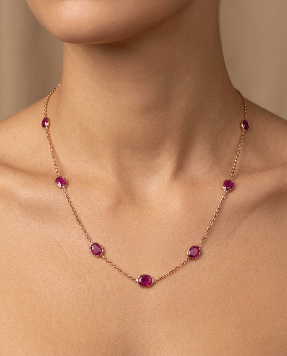 18KT Gold Bezeled Ruby Necklace on model