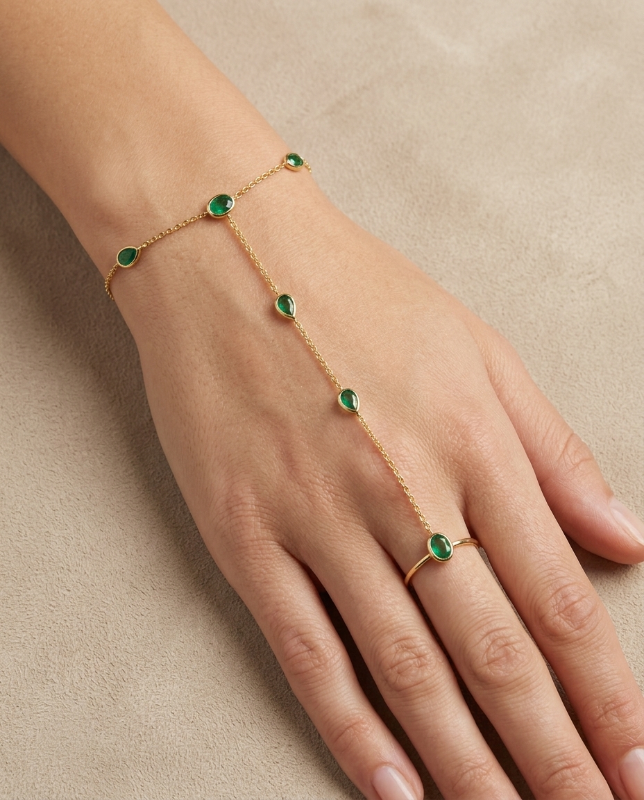 14KT Gold Emerald Hand Chain on model