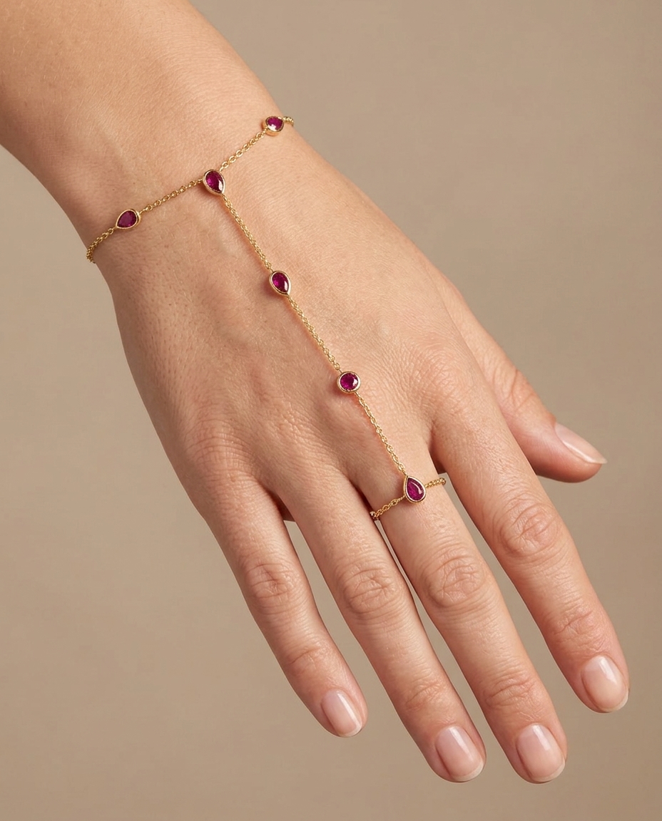 14KT Gold Ruby Hand Chain on model