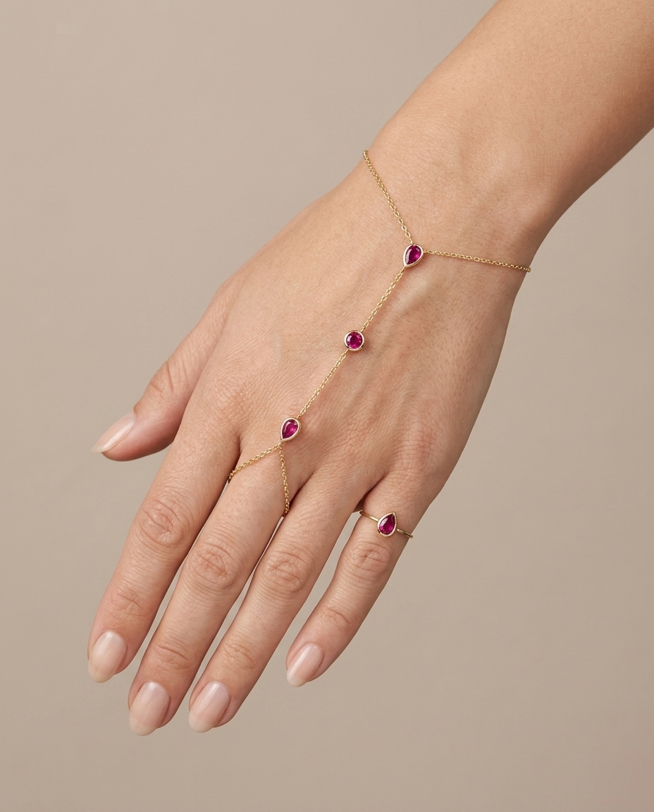 14KT Gold Ruby Hand Chain on model